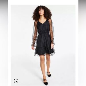 Bar III Long Sleeve Black Swiss Dot Dress